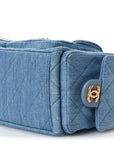 Washed Denim Quilted Large Trendy Pockets Hobo Blue