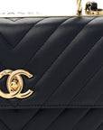 Lambskin Chevron Quilted Small Trendy CC Flap Dual Handle Bag Navy