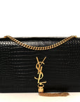 Calfskin Crocodile Embossed Medium Classic Monogram Kate Tassel Satchel Black