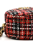 Tweed Quilted CHNL 19 Round Clutch With Chain Red Black White Green
