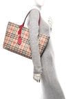 Grainy Calfskin Haymarket Check Medium Reversible Tote Red