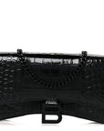 Shiny Calfskin Monochrome Crocodile Embossed Hourglass Chain Bag Black