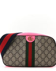 GG Supreme Monogram Textured Dollar Calfskin Web Ophidia Small Crossbody Bag Beige Ebony Fuchsia