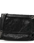Crinkled Calfskin Matelasse Monogram Medium Niki Chain Satchel Black