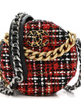 Tweed Quilted CHNL 19 Round Clutch With Chain Red Black White Green