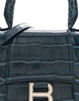 Shiny Calfskin Crocodile Embossed Hourglass Top Handle Bag XS Denim Blue