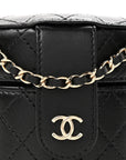 Lambskin Quilted Mini Round Vanity Case With Chain Black