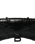Shiny Calfskin Monochrome Crocodile Embossed Hourglass Chain Bag Black