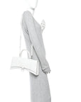 Shiny Box Calfskin Tonal B Hourglass Stretch Top Handle Bag White