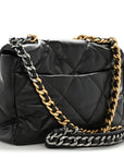 Shiny Goatskin Quilted Large CHNL 19 Flap Black