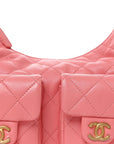 Shiny Lambskin Quilted Trendy Pockets Hobo Coral Pink