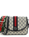 GG Supreme Monogram Textured Dollar Calfskin Web Studded Mini Ophidia Flap Shoulder Bag Beige Blue