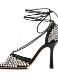 Mesh Nappa Crystal Embellished Sparkle Stretch Ankle Tie Sandals 36.5 Black