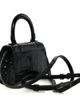 Shiny Calfskin Monochrome Crocodile Embossed Hourglass Top Handle Bag Mini Black