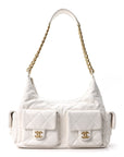 Shiny Lambskin Quilted Trendy Pockets Hobo White
