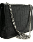 Calfskin Crocodile Embossed Medium Classic Monogram Kate Tassel Satchel Black
