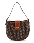 Coated Canvas Calfskin La Greca Signature Shoulder Bag Black Caramel