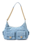 Washed Denim Quilted Large Trendy Pockets Hobo Blue