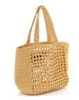 Yarn Raffia Effect Crochet Logo Embroidered Small Tote Bag Naturale
