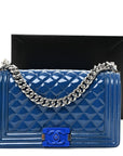 Patent Calfskin Quilted Medium Plexiglass Boy Flap Blue