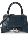 Shiny Calfskin Crocodile Embossed Small Hourglass Top Handle Bag Dark Petrol Blue
