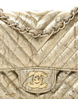 Patent Metallic Crumpled Calfskin Chevron Quilted Mini Square Flap Gold