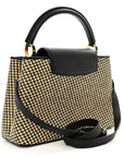 Raffia Calfskin Capucines MM Black Ecru