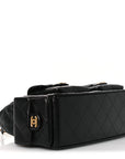 Shiny Lambskin Quilted Trendy Pockets Hobo Black