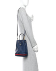 Glazed Textured Calfskin Web Small Ophidia Bucket Bag Blue Agata