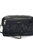 Fabric Jacquard Calfskin Barocco Wristlet Pouch Black