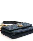 Denim Quilted CHNL 19 Flap Phone Holder With Chain Blue