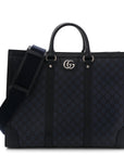 GG Supreme Monogram Textured Dollar Calfskin Large Ophidia Tote Bag Black Blue