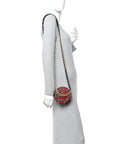 Tweed Quilted CHNL 19 Round Clutch With Chain Red Black White Green