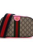 GG Supreme Monogram Textured Dollar Calfskin Web Ophidia Small Crossbody Bag Beige Ebony Fuchsia