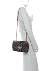 Vintage Effect Calfskin Matelasse Diagonal Small Torchon GG Marmont Shoulder Bag Black Romantic Cherry