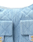 Washed Denim Quilted Large Trendy Pockets Hobo Blue