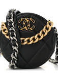 Shiny Goatskin Quilted CHNL 19 Round Clutch With Chain Black