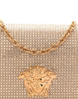 Satin Crystal Medusa Chain Clutch Beige