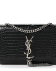 Calfskin Crocodile Embossed Small Classic Monogram Kate Tassel Satchel Black