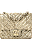Patent Metallic Crumpled Calfskin Chevron Quilted Mini Square Flap Gold