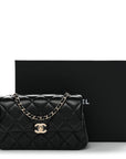 Lambskin Quilted Rectangular Phone Holder Clutch With Chain Black