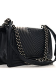 Calfskin Chevron Quilted Medium Chain Boy Flap Black