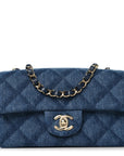 Printed Denim Quilted Mini Rectangular Flap Dark Blue