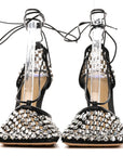 Mesh Nappa Crystal Embellished Sparkle Stretch Ankle Tie Sandals 36.5 Black