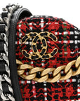 Tweed Quilted CHNL 19 Round Clutch With Chain Red Black White Green