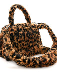 Fleece Leopard Print Small Hourglass Top Handle Bag Brown