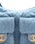 Washed Denim Quilted Large Trendy Pockets Hobo Blue