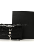 Calfskin Crocodile Embossed Small Classic Monogram Kate Tassel Satchel Black