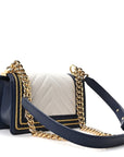 Calfskin Chevron Quilted Braided Small Boy Flap White Navy