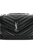 Calfskin Y Quilted Monogram Medium Loulou Chain Satchel Black